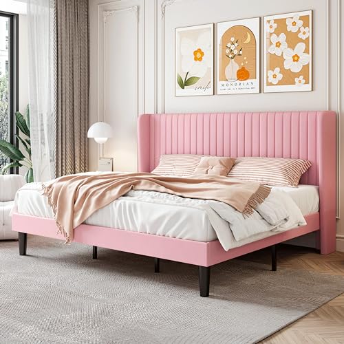 SHA CERLIN King Size Velvet Bed Frame, Tufted Wingback Headboard, Pink | 47'' Modern Vertical Channel Headboard, Upholstered Platform Bed, Wood Slats, No Box Spring Needed, Easy Assembly, Noise Free - color: Pink, size: King