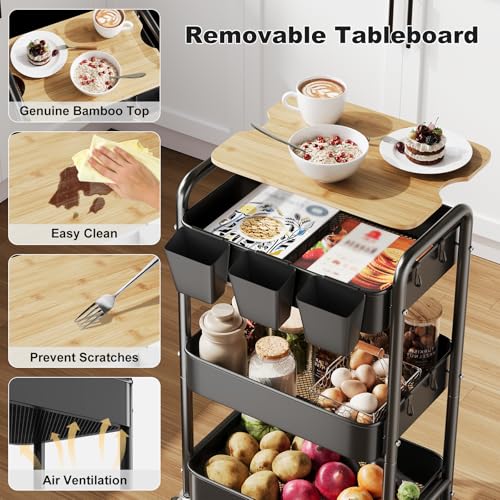 3 Tier Rolling Cart with Wood Table Top, Rolling Cart Table on Lockable Wheels,Rolling Side Table with Storage, Black Utility Carts for Arts and Crafts, Dorm, Medica, Laundry Room, Roller Book Shelf - color: Black