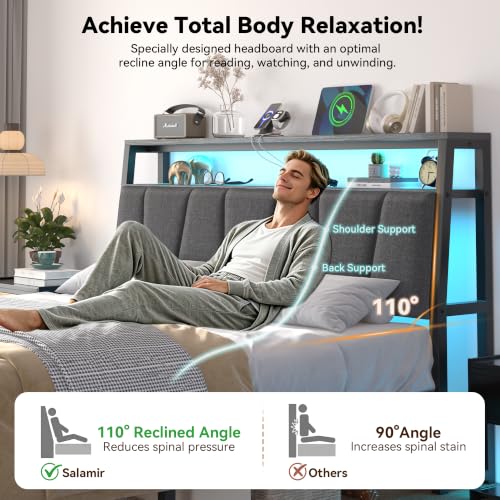 FreeHouse Full Size Bed Frame with Storage Headboard & 2 Drawers,Grey | Upholstered Full bed frame with Charging Station & LED Light, Fabric Drawers,Metal Slats, No Box Spring Needed, Noise-Free - color: Grey, size: Full