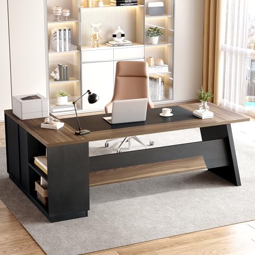 LITTLE TREE 78-Inch Executive Office Desk with File Cabinet, Large Modern Corner Office Desk for Home Office, 3-Drawer Wood File Cabinet, Spacious Workstation for Home Office (Light Walnut & Black) - color: Light Walnut and Black