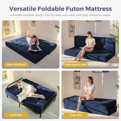 MAXYOYO Foldable Mattress, 8-Inch Tufted Futon Mattress with Handles | Tufted Floor Sofa Bed and Versatile Mattress, Carry Handles for Living Rooms or Guest Rooms, Frame Not Included, Navy - color: Navy