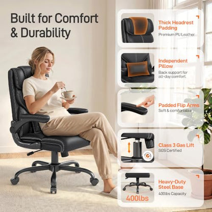 Office Chair, Executive Mid-Back Computer Desk Chair with Flip-up Armrests | 300 Lbs Ergonomic Leather Swivel PC Chair with Rock Function for Working Studying (Black) - color: Black