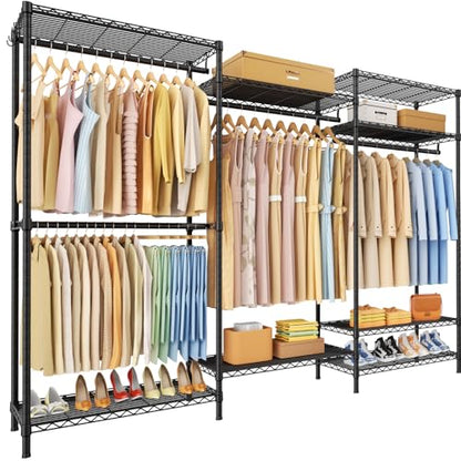 E13 Pro Heavy Duty Clothes Rack（With 4 Hanger Rods & 8 Shelves） Freestanding Clothing Racks for Hanging Clothes，Adjustable Closet，Metal Garment Rack 75" W x16 D x77 H，Max Load 1000LBS，Black - color: Black, size: E13 Pro