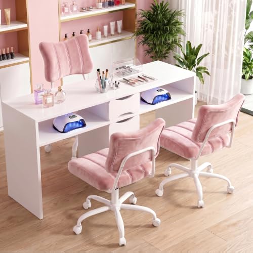 Homkdom Velvet Vanity Chair with Bow Backrest & Height Adjustable,Bedroom | Armless,360 Swivel,Silent Casters for Dressing Room & Living Room, Home Office,Make up,Reading,Light Pink - color: Light Pink