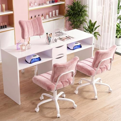 Homkdom Velvet Vanity Chair with Bow Backrest & Height Adjustable,Bedroom | Armless,360 Swivel,Silent Casters for Dressing Room & Living Room, Home Office,Make up,Reading,Light Pink - color: Light Pink
