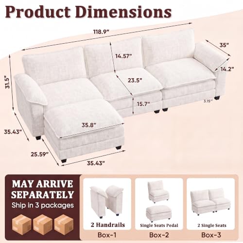 JUMMICO 118.9" L Shaped Sectional Couch, Modular Cloud Sofa, White | Comfy Chenille, Movable Ottoman, Deep Seat, Double Layer Cushion, 3 Seat, High-Density Foam, for Living Room - color: White, size: L Shaped Sofa