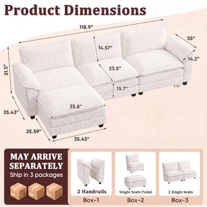 JUMMICO 118.9" L Shaped Sectional Couch, Modular Cloud Sofa, White | Comfy Chenille, Movable Ottoman, Deep Seat, Double Layer Cushion, 3 Seat, High-Density Foam, for Living Room - color: White, size: L Shaped Sofa