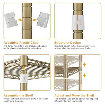 E7 Garment Rack, Heavy Duty Clothes Storage System with Extendable Rod | Metal Clothing Rack with 6 Wire Shelves, Freestanding Portable Closet Wardrobe for Hanging Clothes, Load 838lbs, Gold - color: Gold