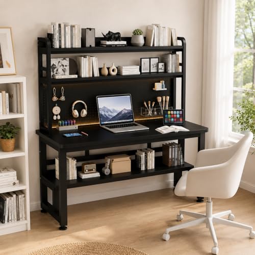 47 Inch Gaming Desk with 1 Power Outlet, 2 USB & LED Lights | Computer Desk with Hutch, Pegboard, Home Office Desk with Shelves for Bedroom, Study (Black,47inch) - color: Black, size: 47inch