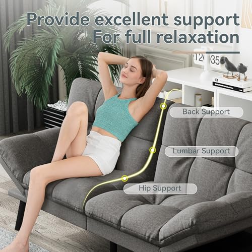 Futon Sofa Bed Convertible Couch, Grey Linen Sofa Bed | Adjustable Backrest & Armrests, Multifunctional Small Loveseat Sleeper Sofa for Living Room, Apartment, Office, Foam Couch - color: A2 | Light Grey