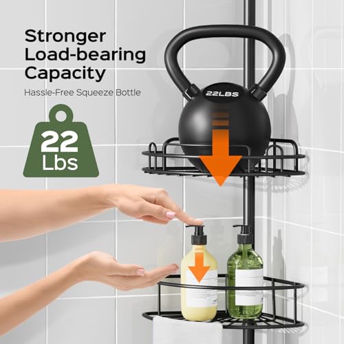 HAMITOR Corner Shower Caddy Tension Pole: No-Drill Rustproof Bathroom Shelf | 4-Tier Large Storage for Renters, 47-121 in Adjustable Rack, Quick Installation, Supports Up to 22 lbs, Hooks and Towel Bar - color: Black