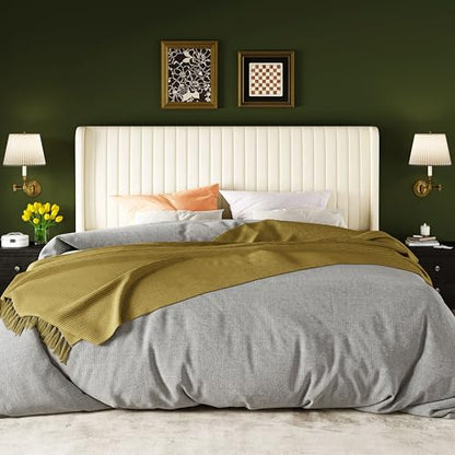 Allewie King Size Velvet Bed Frame/Vertical Channel Tufted Wingback Headboard/Upholstered Platform Bed/No Box Spring Needed/Strong Wooden Slats/Easy Assembly/Cream White - color: Cream White, size: King