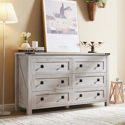 T4TREAM 54" Wide Farmhouse 6-Drawer Dresser for Bedroom, Antique Brush White - color: Antique Brush White, size: 15.8"D x 54"W x 31.3"H (6 Drawers)