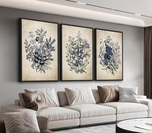 Large Framed Botanical Wall Art, Jane Loudon Floral, 24"x36" Set of 3 | Black Solid Wood Framed Vintage Flower Painting Prints, Retro Rustic Morning Glory Canvas Pictures for Living Room Bedroom - color: beige, size: 24"x36"x3 Framed