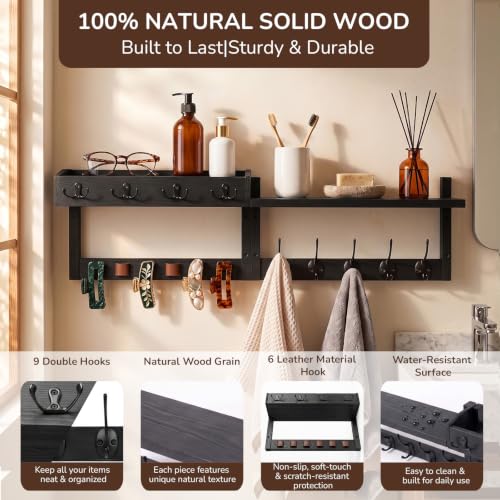 Wooden Key Holder Wall Mount with Shelf, Wall Key Rack and Mail Holder with 9 Key Hooks and 6 Sunglasses Holders, Farmhouse Key Hanger for Entryway Living Room Bedroom, Black - color: Black