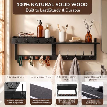 Wooden Key Holder Wall Mount with Shelf, Wall Key Rack and Mail Holder with 9 Key Hooks and 6 Sunglasses Holders, Farmhouse Key Hanger for Entryway Living Room Bedroom, Black - color: Black