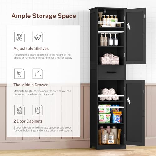TEENFON Tall Bathroom Cabinet, Storage Cabinet with 6 Shelves & Drawer, Bathroom Storage Cabinet with Adjustable Shelves, Tall Cabinet for Living Room, Home Office, Black - color: Black