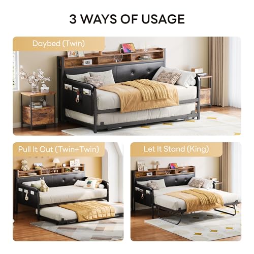 LIKIMIO Daybed with Trundle, Twin Bed Frame, Dark Black | with Upholstered Headboard and Charging Station, Sofa Day Bed with Strong Supports for Living Room, Bedroom and Guest Room - color: Dark Black