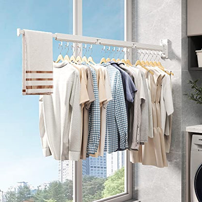 Wall Mounted Tri-Fold Clothes Drying Rack, Heavy Duty Collapsible Laundry Drying Rack, Space-Saving Retractable Foldable Drying Rack Clothes for Laundry Room Balcony Bathroom,White-Hooks - style: White-Hooks