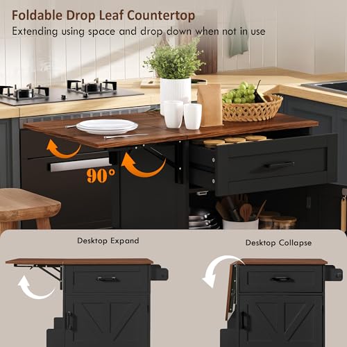 39.3" Farmhouse Kitchen Island with Drop Leaf and Open Side Rack, Small Kitchen Rolling Cart with Drawer and Storage Cabinet, Mobile Dining Table with Lockable Wheels and Towel Rack for Garden Black - color: Black