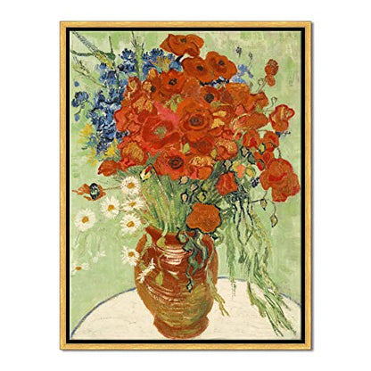 Wieco Art Framed Wall Art of Red Poppies and Daisies by Vincent Van Gogh Paintings Reproduction Abstract Canvas Prints for Home Living Room Decorations Bronze Gold Frame - size: 16"L x 12"W