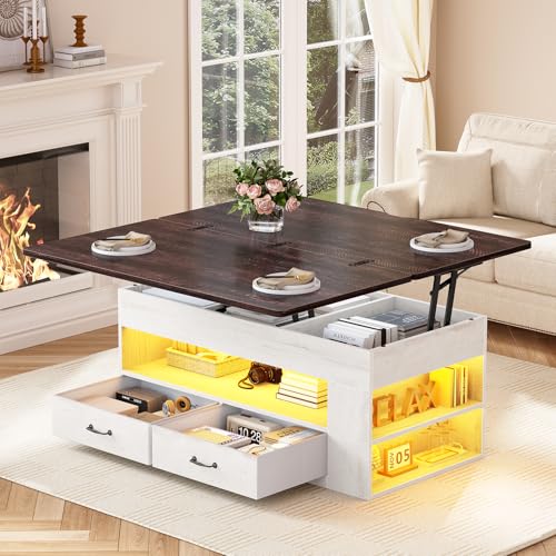 Itaar Lift Top Coffee Table, 4 in 1 Coffee Tables with Storage and Hidden Compartment, Farmhouse Coffee Table with 2 Fabric Drawers & LED Light for Living Room, White - color: White