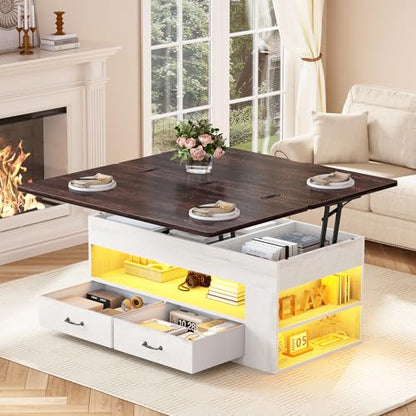 Itaar Lift Top Coffee Table, 4 in 1 Coffee Tables with Storage and Hidden Compartment, Farmhouse Coffee Table with 2 Fabric Drawers & LED Light for Living Room, White - color: White