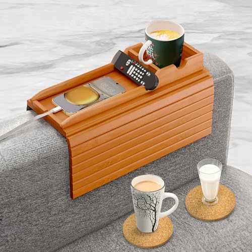 Bamboo Couch Cup Holder, 2 Cork Coasters, Anti-Slip Foldable Couch Arm Tray | 2 in 1 Foldable Sofa Arm Tray, Couch Armrest Table, Anti-Spill Couch Arm Table for Drinks TV Remote Cellphone Snacks - color: Mahogany