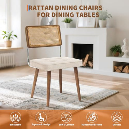 GarveeHome Natural Rattan Dining Chairs Set of 6, Linen Upholstered Kitchen Chairs with Tall Cane Backrest and Strong Wood Legs for Dining Room, Kitchen, Restaurant, Beige - color: Beige, size: 6 PCS