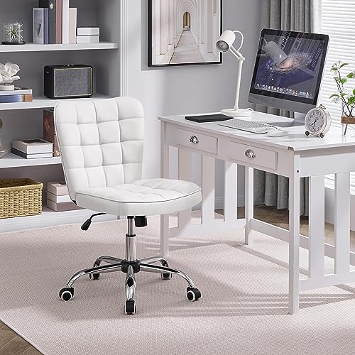 Yaheetech White Tufted Armless Office Desk Chair with Wheels, Faux Leather | Thick foam cushioned seat tilts back to relax, lifts 18-22 in, spins 360 degrees, holds 300 lb, and assembles with ease. - color: White