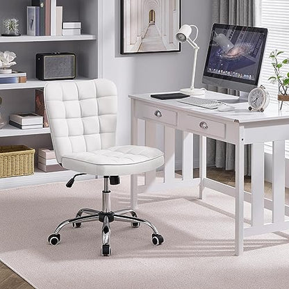 Yaheetech White Tufted Armless Office Desk Chair with Wheels, Faux Leather | Thick foam cushioned seat tilts back to relax, lifts 18-22 in, spins 360 degrees, holds 300 lb, and assembles with ease. - color: White