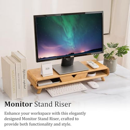 Homerays Bamboo Monitor Stand Riser, No Assembly Required Exquisite Monitor Stand with Drawer Ergonomic Height Wood Monitor Stand - color: BAMBOO