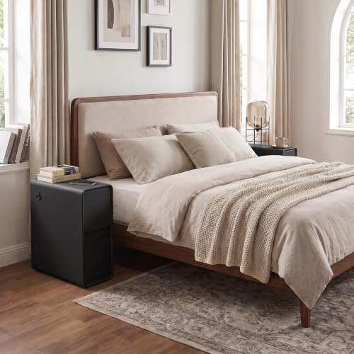 Modern Leather Nightstands of 2, Solid Wood Bedside Table with 2 Drawers & USB Charging Station, Small Preassembled End Table, Narrow Nightstand for Bedroom Living Room Office Black - color: Black, size: 8"