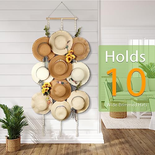 Macrame Hat Hanger for Wall with 10 Clips for Wide Brim Hats Rack Display | Boho Hat Holder Storage for Fedoras, Sun Straw Panama Hats Organizer Keeps Hat Shape, Wall Decor for Closet Bedroom, Mom Gift - color: White, size: 15.7x68.44in-10 hats