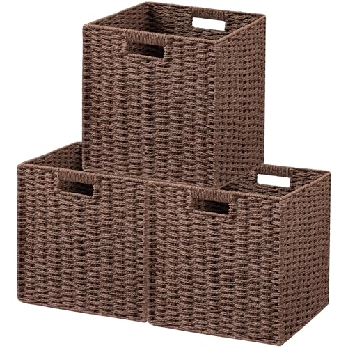UBBCARE 3 Pack Wicker Basket, 11L×11H×10.5W inch Woven Paper Rope Storage Baskets for Shelves, Foldable Cube Storage bin with Handle, Storage Basket for Organizing & Decor, Brown - color: Dark Brown, size: Cube-3pack 11"×11"×10.5"