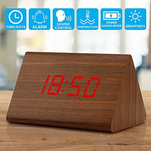 Digital Alarm Clock Wooden Alarm Clock Wood Modern Triangle Alarm Digital Desk Clock, Displays Time Date Temperature Calendar Wood Made Electric Clocks for Bedroom, Bedside - Brown - color: Brown
