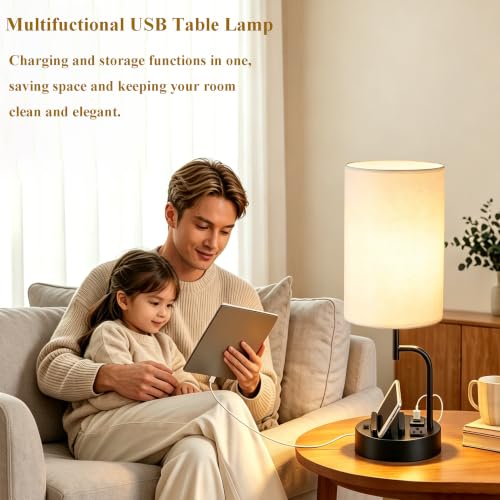 Dreamholder 2 Pack Table Lamp, Bedside Lamp with 3 USB Charging Ports & AC Outlet, USB Desk Lamp with 2 Phone Holders, Linen Fabric Shade Nightstand Lamps for Bedroom Living Room Office, Black - color: Black