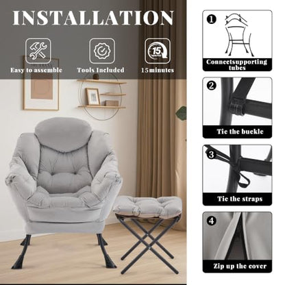 Lazy Chair with Ottoman, Comfy Reading Chair, Grey | Cushioned Seat with Foldable Ottoman and Side Pocket, Lounge Chair for Bedroom, Living Room, Dorm and Small Spaces - color: Grey