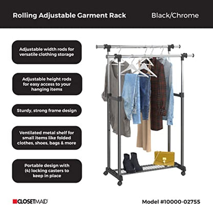 ClosetMaid Double Rail Portable Rolling Garment Rack with Shoe Shelf, Adjustable Rod Width and Height, Black/Chrome