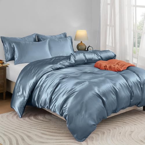 Horbaunal 5 Pieces Satin Duvet Cover Set Queen/Full Size, Dusty Blue, No Comforter - color: Dusty Blue, size: Queen/Full(No Comforter)