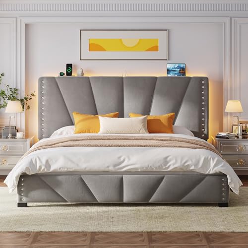 EnHomee King Size Bed Frame with LED Lights & USB, Noise-Free, Grey | Adjustable Velvet Headboard，Under-Bed Storage，Heavy Duty Support with 12 Slats，No Box Spring Needed，Easy Assembly for Bedroom - color: Grey, size: King (U.S. Standard)