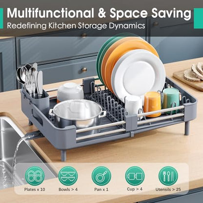 TOOLF Expandable Dish Drying Rack with Cutlery Holder, Standard, Grey | Over or In Sink Stainless Steel Dish Drainers for Compact Kitchen, Space Saving, Fast Drain, Rustproof, For 1-3 people - color: Gray
