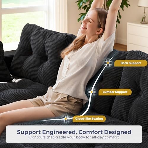 MAXYOYO Boneless Couch, 96-Inch L-Shaped Cloud Couch with Ottoman | Black Layered Cushioning and Flexible Modules Create an Upholstered Sofa in a Box with No Assembly for Spacious Living Rooms. - color: Black, size: 96" L Shape