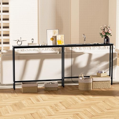 VASMIA 70.9 Inch Narrow Console Table with Outlet,Bamboo Sofa Table,Behind Couch Table,Skinny Hallway Table for Entryway Living Room,Foyer,Black - color: Black, size: 5.91"D x 70.87"W x 29.52"H