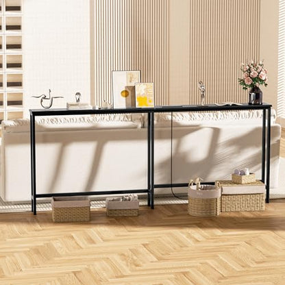 VASMIA 70.9 Inch Narrow Console Table with Outlet,Bamboo Sofa Table,Behind Couch Table,Skinny Hallway Table for Entryway Living Room,Foyer,Black - color: Black, size: 5.91"D x 70.87"W x 29.52"H