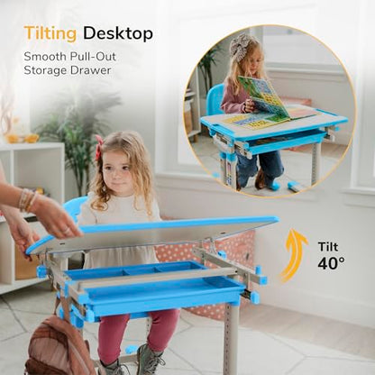 Mount-It! Kids Desk and Chair Set, Height Adjustable Sturdy, Kid Study Workstation and Chair Set for Boys, Home School, Arts, Drawing, Crafts, Ergonomic Childrens Storage Drawer Blue - color: Blue