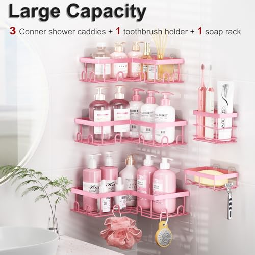 Liuoud Corner Shower Caddy, 5 Pack Adhesive Stainless Steel Organizer, Pink | Shower Shelves with Soap rack Toothbrush Holder, Rustproof, Large Capacity No Drilling Wall Storage Cute Girly Bathroom Decor - color: Pink