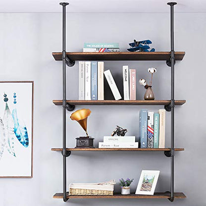 LIANTRAL Industrial Wall Mount Iron Pipe Shelf, 4 Tier X2 Pipe Shelving | Black DIY Open Bookshelf, Retro Storage Shelves Pipe Shelf Hung Bracket
