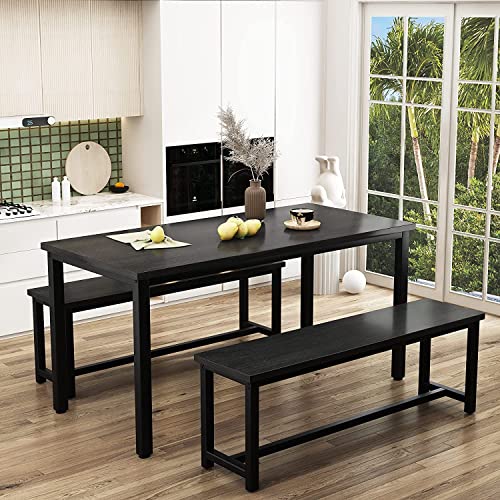 Dining Room Table Set with 2 Benches, Farmhouse Dining Table Set for 4-6, Wood Breakfast Table Set Dinner Table Set Kitchen Table and Chairs for Breakfast Nook Small Spaces, Black - color: Dark