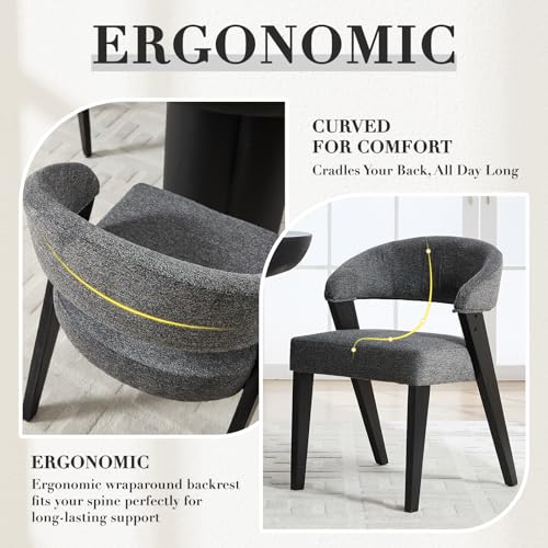 Mid Century Modern Dining Chairs with Arms Set of 2, Upholstered Kitchen & Dining Room Chairs, Barrel Backs/Black Solid Wood Legs, Comfortable Accent Chairs for Living Room, Chenille Grey - color: Grey